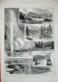 Old Antique Print 1883 Yellowstone Park North America Geyser Snake River 19th