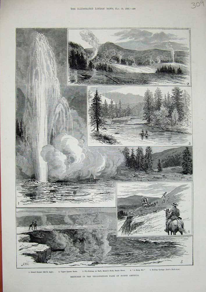 Old Antique Print 1883 Yellowstone Park North America Geyser Snake River 19th