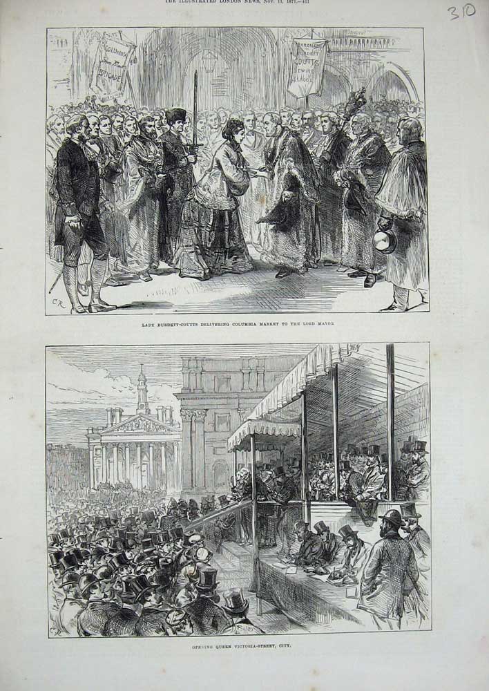 Old Antique Print 1871 Burdett-Coutts Columbia Mayor Victoria-Street City 19th