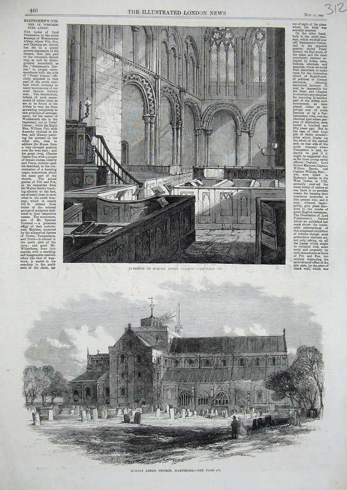 Original Old Antique Print 1865 Romsey Abbey Church Hampshire Architecture 19th