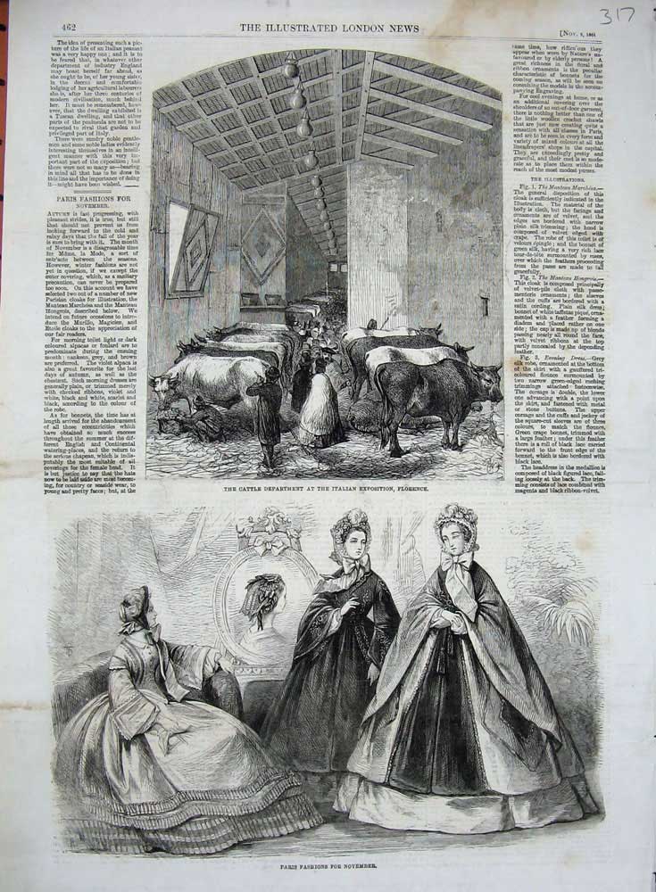 Original Old Antique Print 1861 Womens Paris Fashion Cattle Department Florence