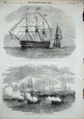 Old Antique Print 1856 War Pivot Ships Rodney London Gun-Boat Attack Sea 19th