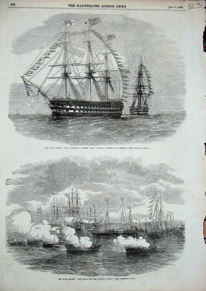Old Antique Print 1856 War Pivot Ships Rodney London Gun-Boat Attack Sea 19th
