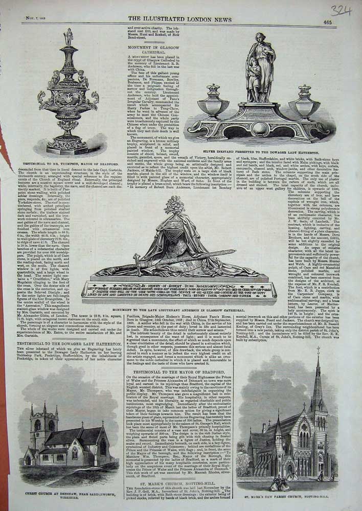 Original Old Antique Print 1863 Parish Church Notting-Hill Saddleworth Glasgow