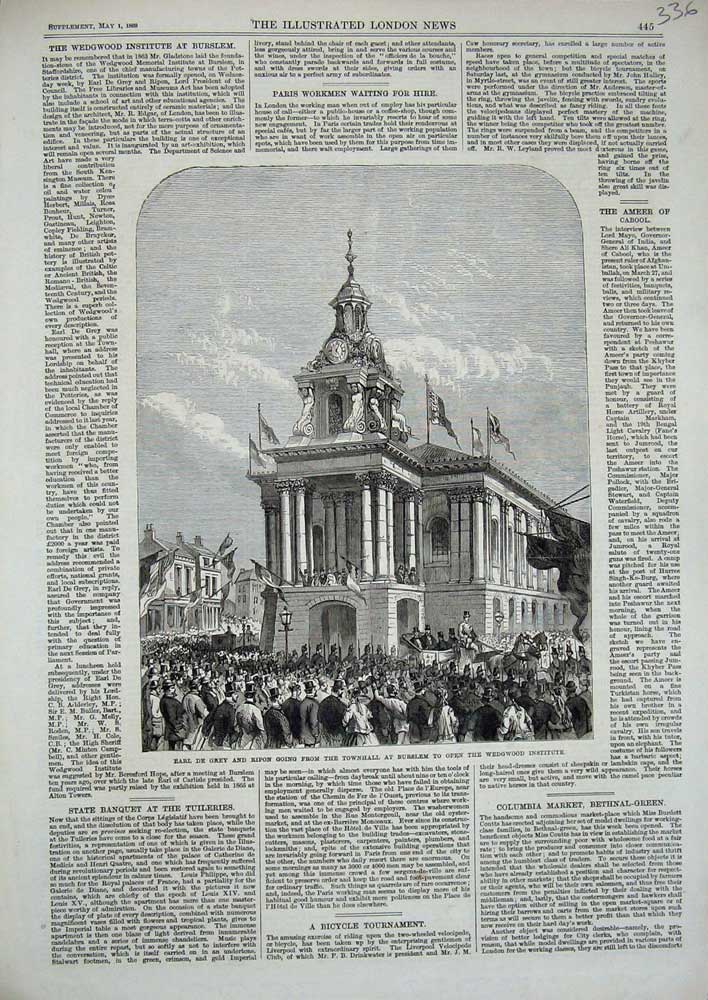 Original Old Antique Print 1869 Earl De Grey Ripon Townhall Burslem Wedgwood
