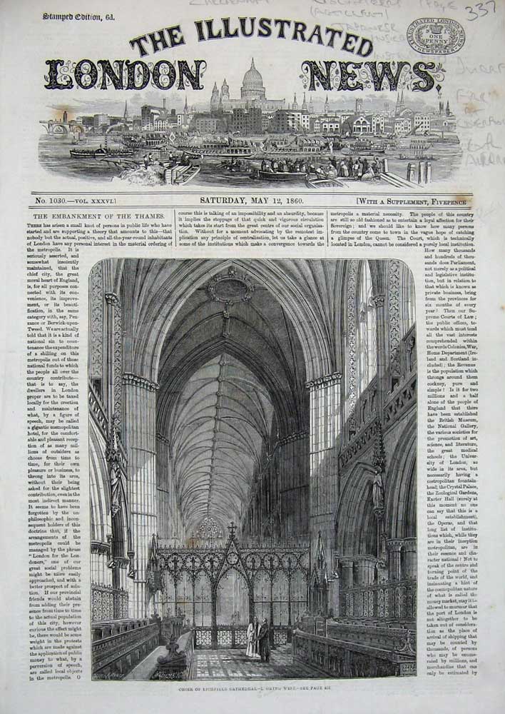 Original Old Antique Print 1860 Choir Lichfield Cathedral Interior Architecture