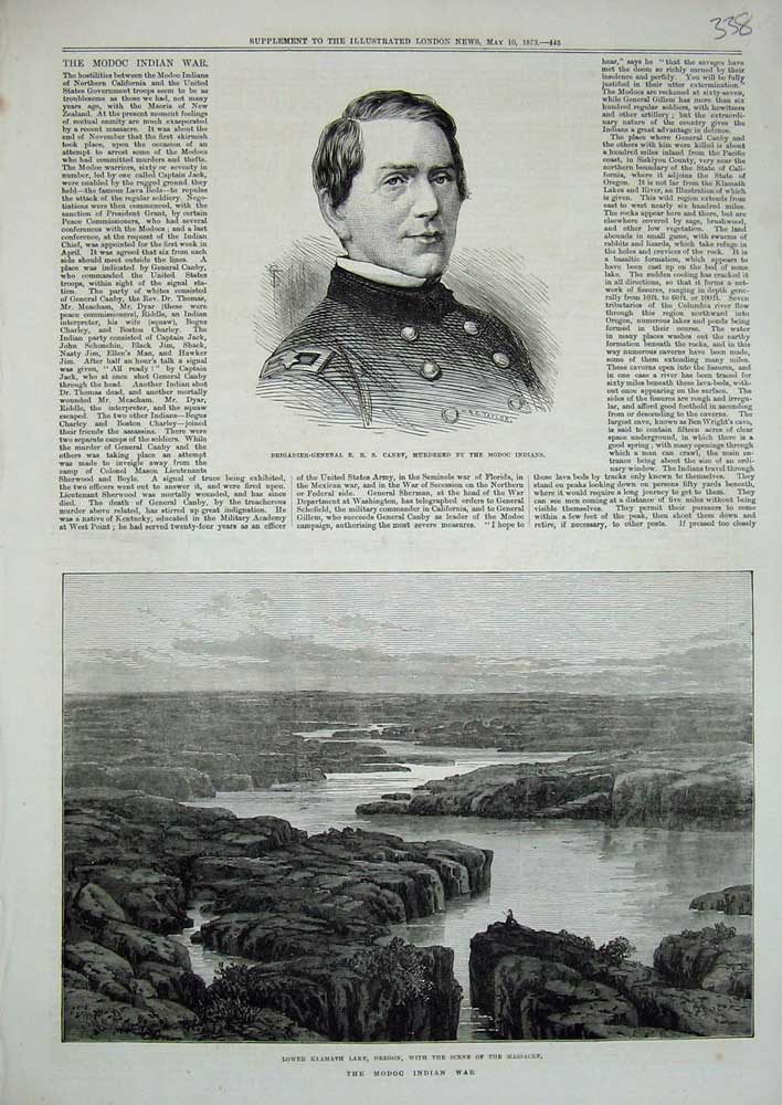 Original Old Antique Print 1873 Kiamath Lake Oregon War Modoc Indian Canby Man
