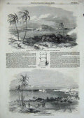 Original Old Antique Print 1851 Havannah Harbour Fort Atares Garotte Ships Sea