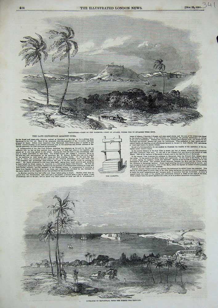 Original Old Antique Print 1851 Havannah Harbour Fort Atares Garotte Ships Sea