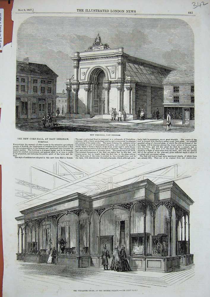 Antique Old Print *0290 1857 Corn Hall Dereham Vulcanite Court Crystal Palace