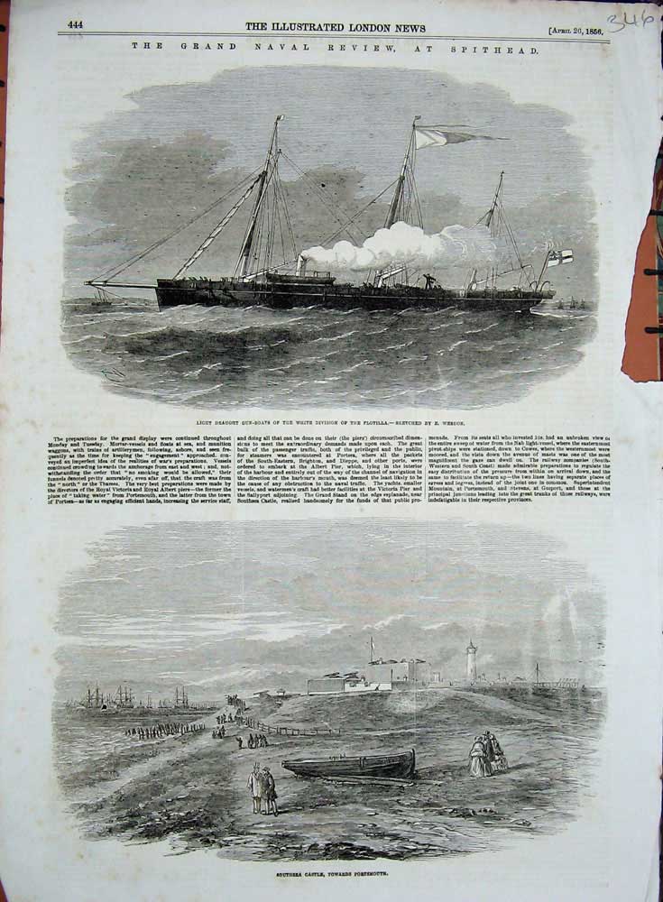 Original Old Antique Print 1856 Spithead Gun-Boats Southsea Castle Portsmouth