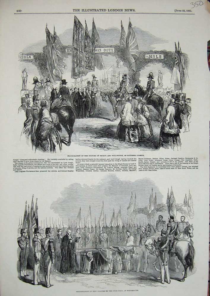 Old Antique Print 1856 Statue Nelson Wellington Southsea Portsmouth Army 19th