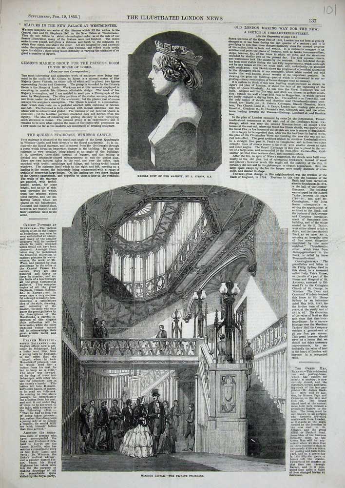 Old Antique Print 1855 Windsor Castle Private Staircase Marble Bust Queen 19th