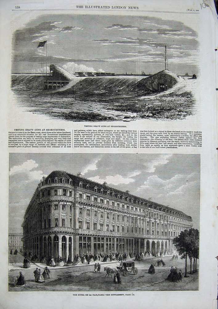 Original Old Antique Print 1862 Hotel De La Paix Paris France Guns Shoeburyness