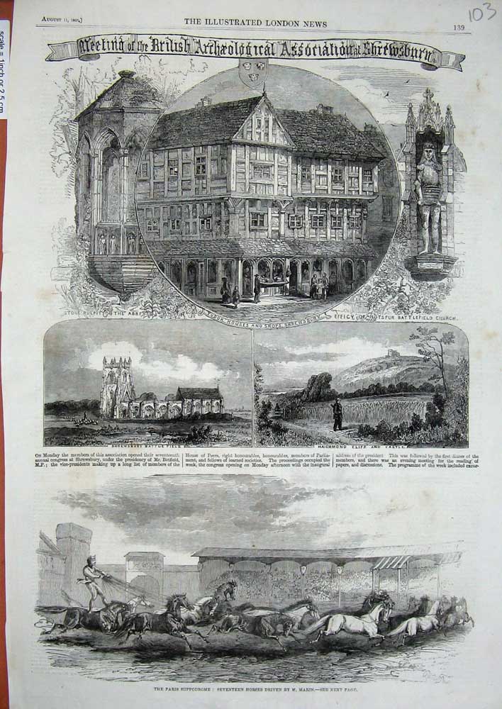 Original Old Antique Print 1860 Paris Hippodrome Horses Tudor Shrewsbury Castle