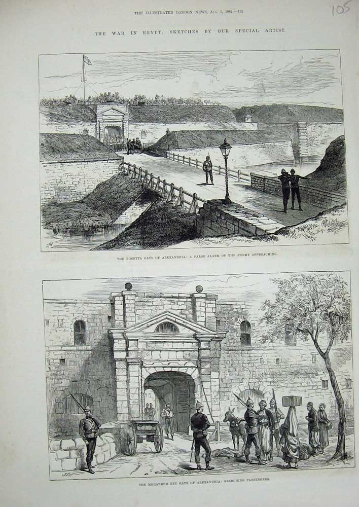 Original Old Antique Print 1882 War Egypt Rosetta Gate Alexandria Moharrem Bey