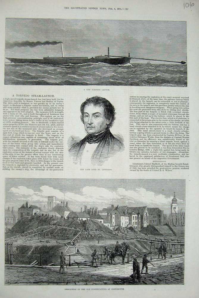 Original Old Antique Print Torpedo Launch 1875 Lord Leonards Portsmouth Forts