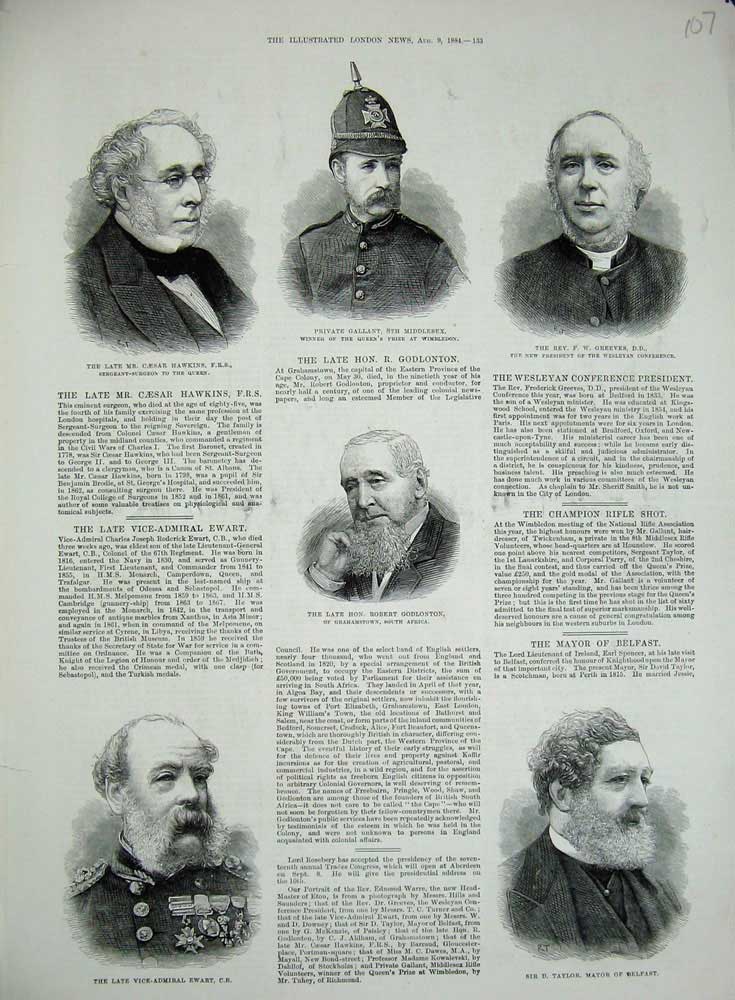Original Old Antique Print 1884 War Admiral Ewart Mayor Belfast Hawkins Surgeon