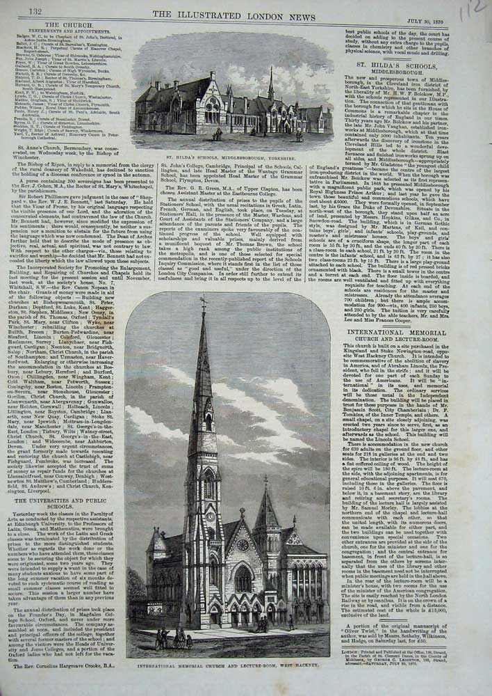Original Old Antique Print Hilda'S School Middlesborough 1870 Church Hackney