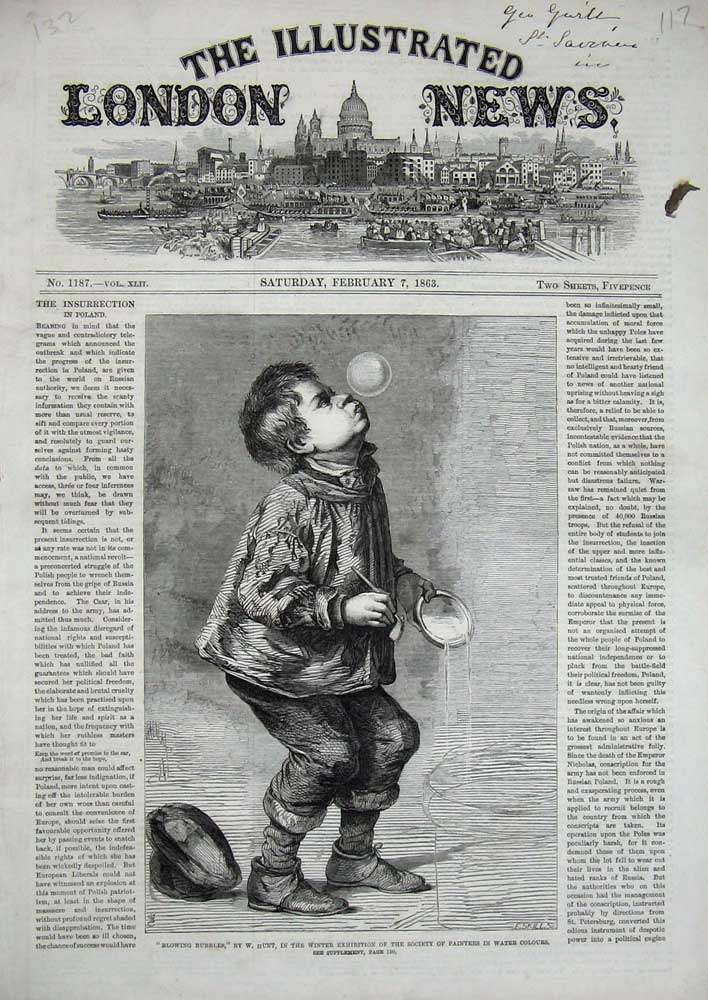 Old Antique Print 1863 Little Boy Blowing Bubbles Hunt Winter Exhibition 19th