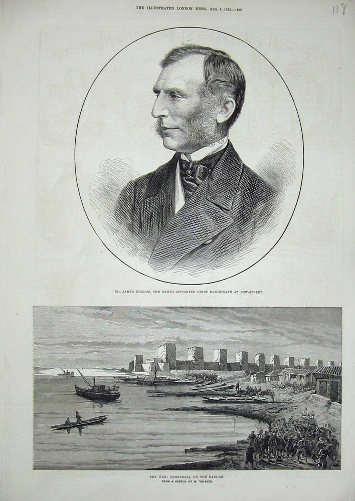 Old Antique Print 1876 James Ingham Magistrate Bow-Street War Semendria 19th