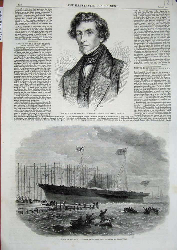 Original Old Antique Print 1863 Richard Green Ship-Owner Dublin Yacht Alexandra