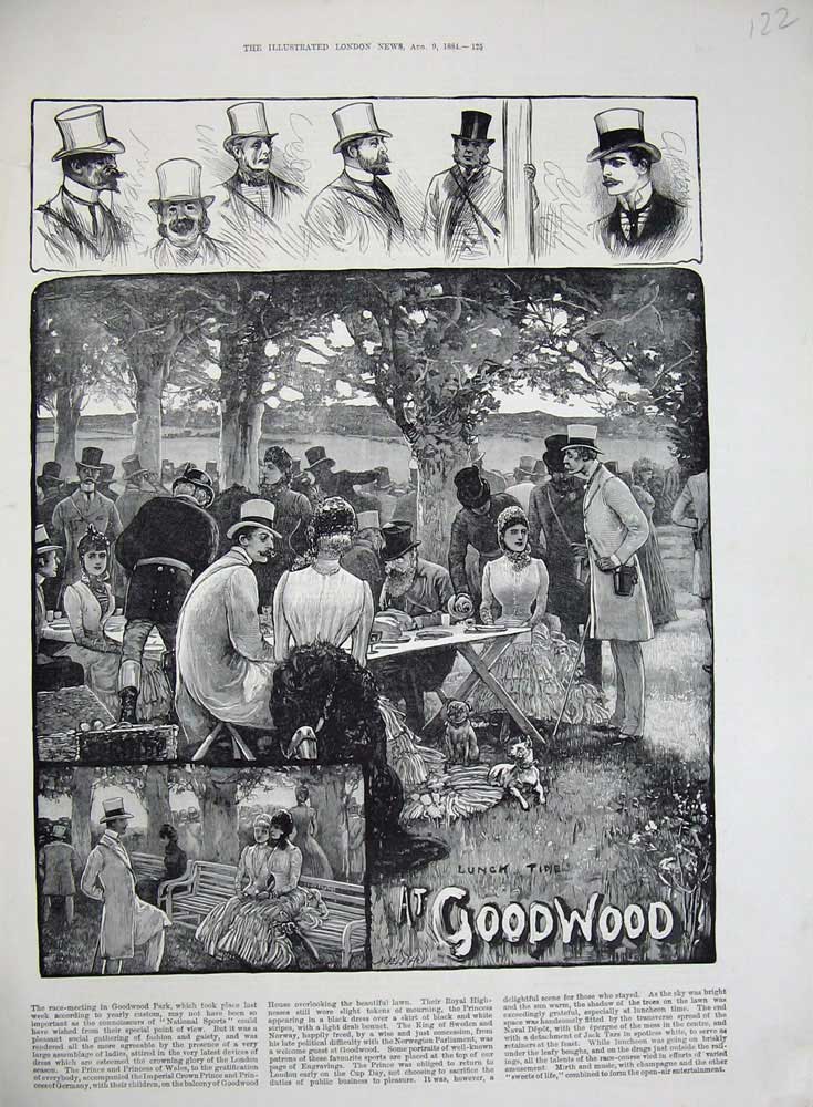 Old Antique Print 1884 Goodwood Park Horse Racing Lunch Picnic Fine Art 19th