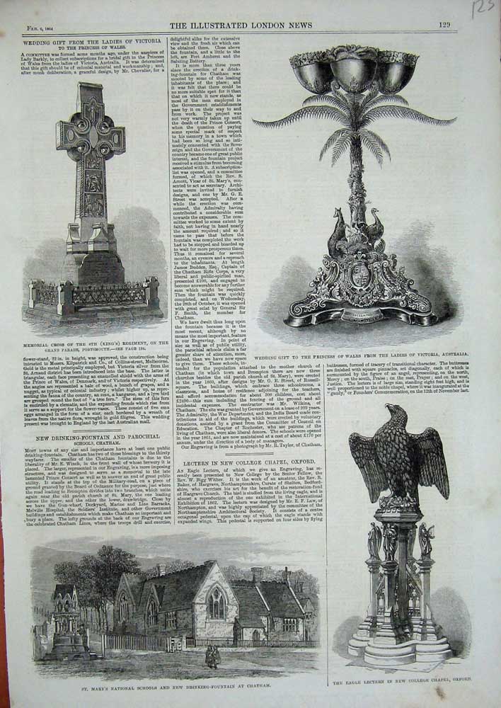 Old Antique Print 1864 Eagle Lectern Chapel Oxford School Chatham Cross 19th