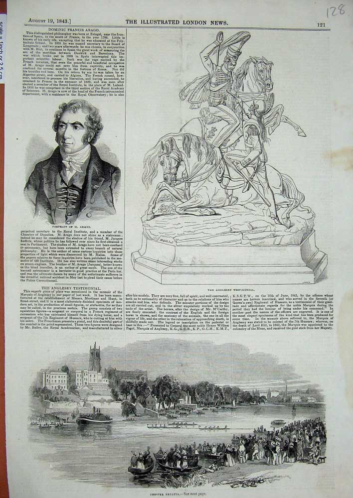 Old Antique Print 1843 Arago Chester Regatta Anglesey Testimonial Statue 19th