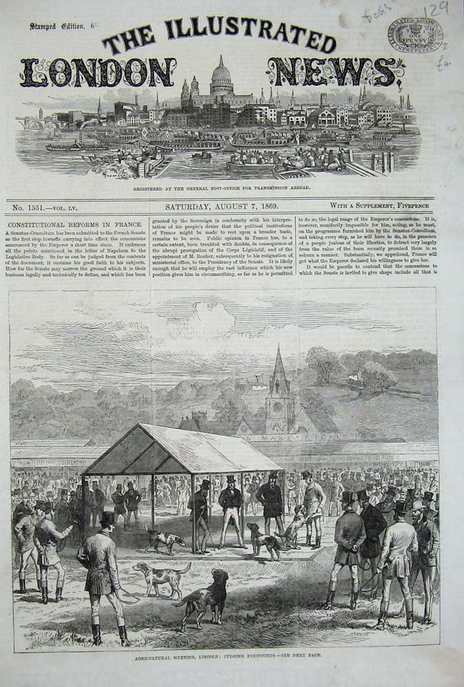 Original Old Antique Print Agricultural Meeting Lincoln 1869 Judging Foxhounds