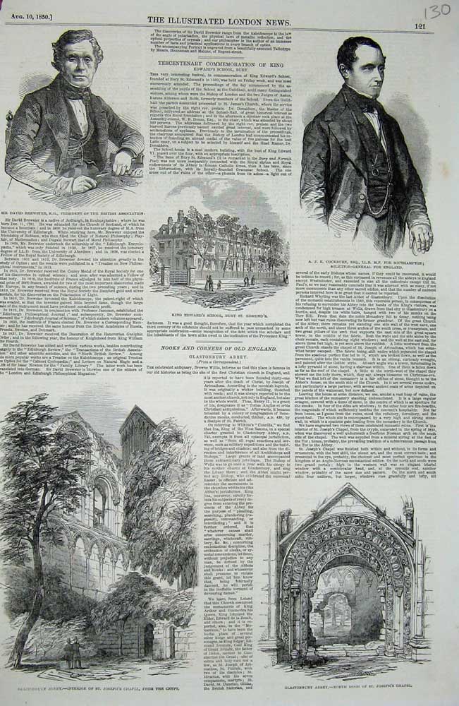 Old Antique Print 1850 David Brewster Cockburn Glastonbury Abbey School 19th