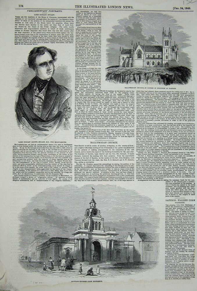 Old Antique Print 1849 Lord Coutts Stuart Ballymodan Church Corn Walden 19th