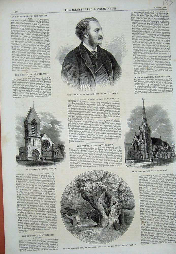Original Old Antique Print 1863 Major Powys-Keck Cuthbert'S Church Philip'S Oak