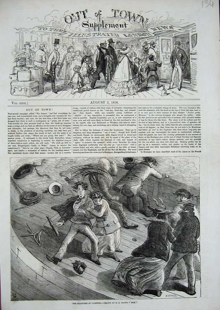 Original Old Antique Print 1856 Yachting Stormy Sea People Transport Victorian