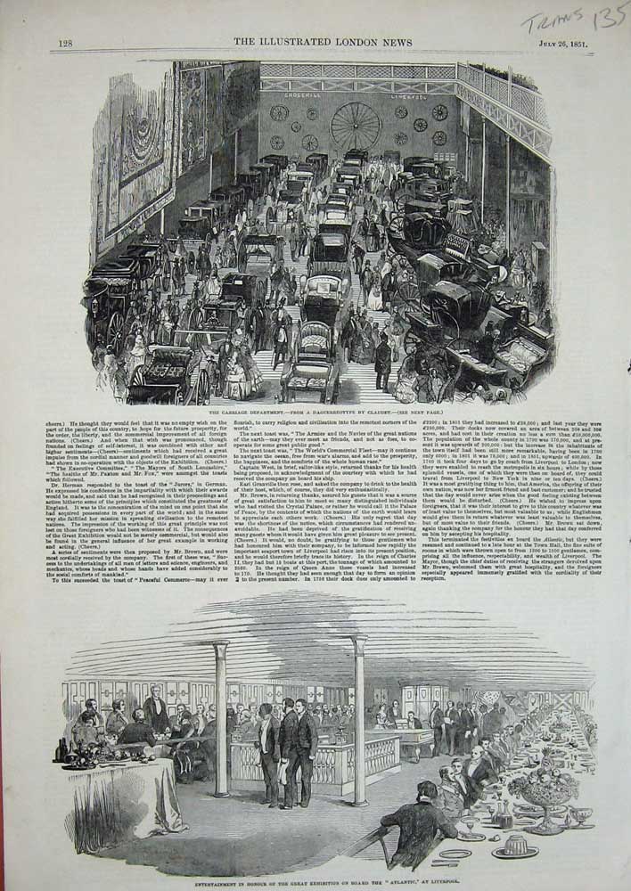 Old Antique Print 1851 Transport Atlantic Ship Liverpool Carriage Coach 19th