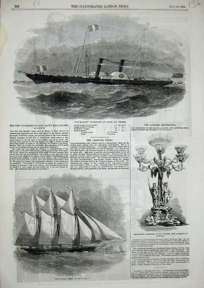 Old Antique Print 1855Alliance Southampton Mail Steamer Eckford Webb Ship 19th