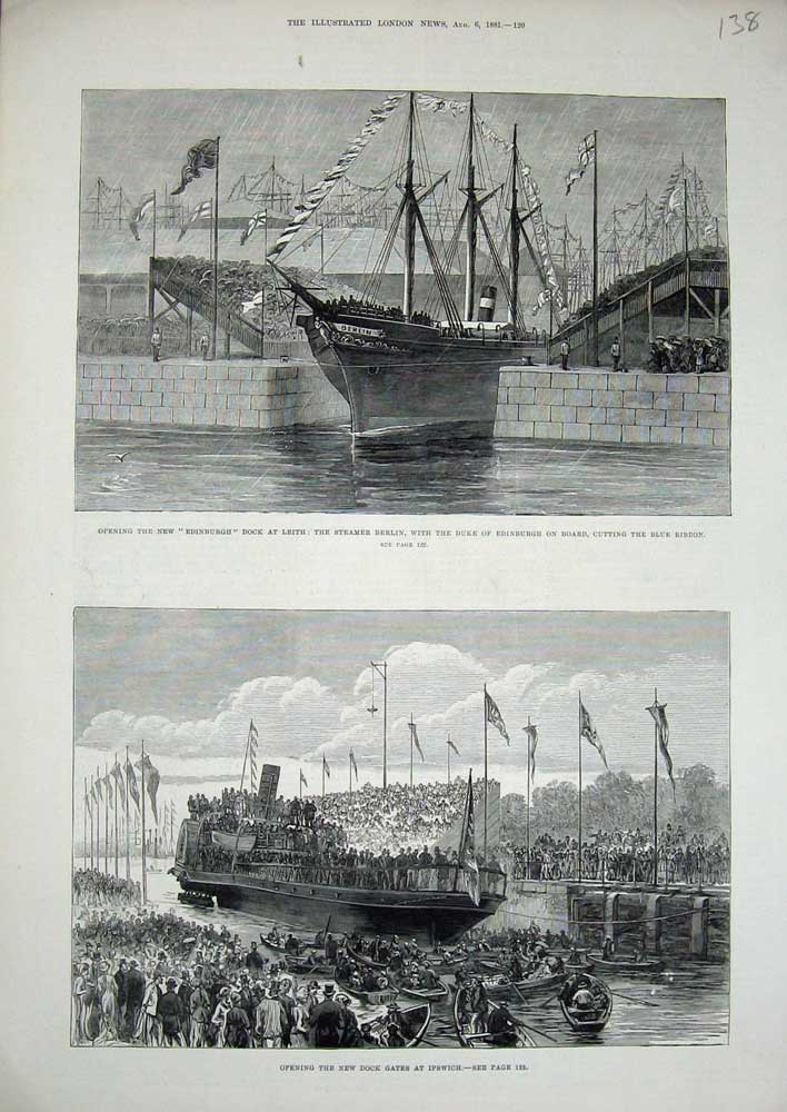 Original Old Antique Print 1881 Dock Gates Ipswich Edinburgh Leith Berlin Duke