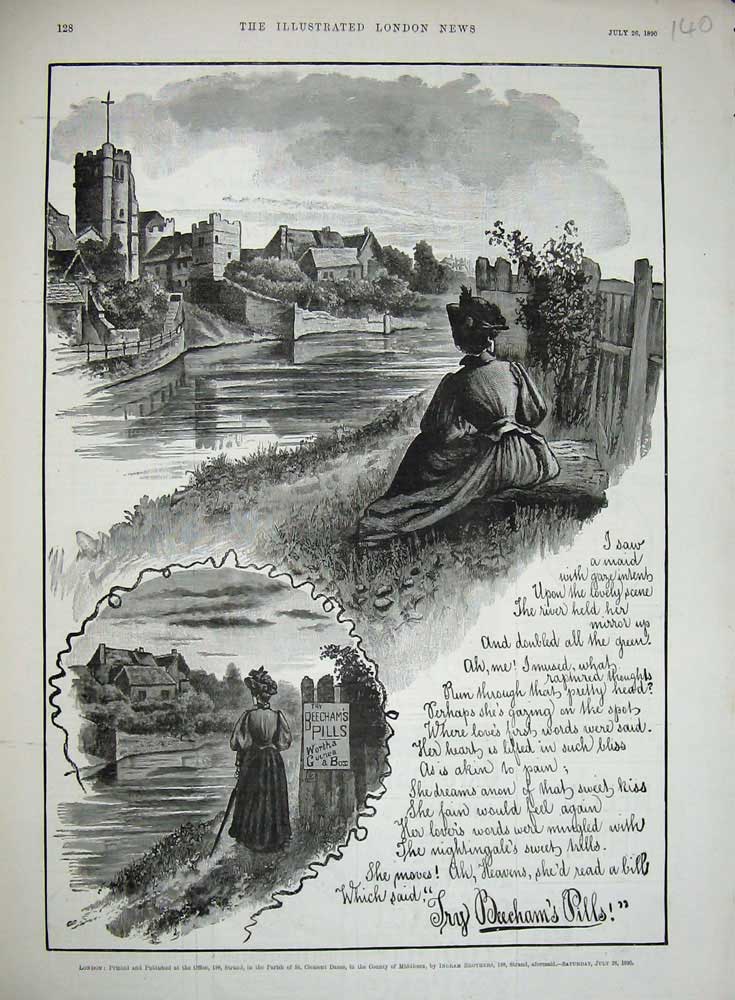 Original Old Antique Print 1890 Advertisement Beechams Pills River Church 19th