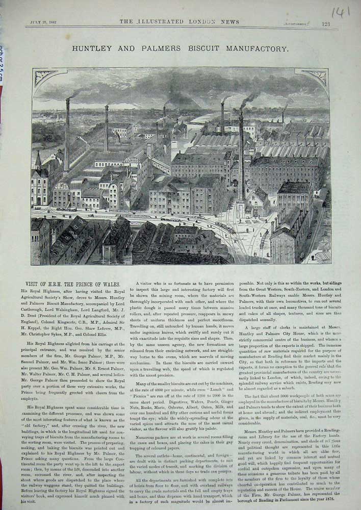 Original Old Antique Print Huntley Palmers Biscuit Manufactory 1882 Building