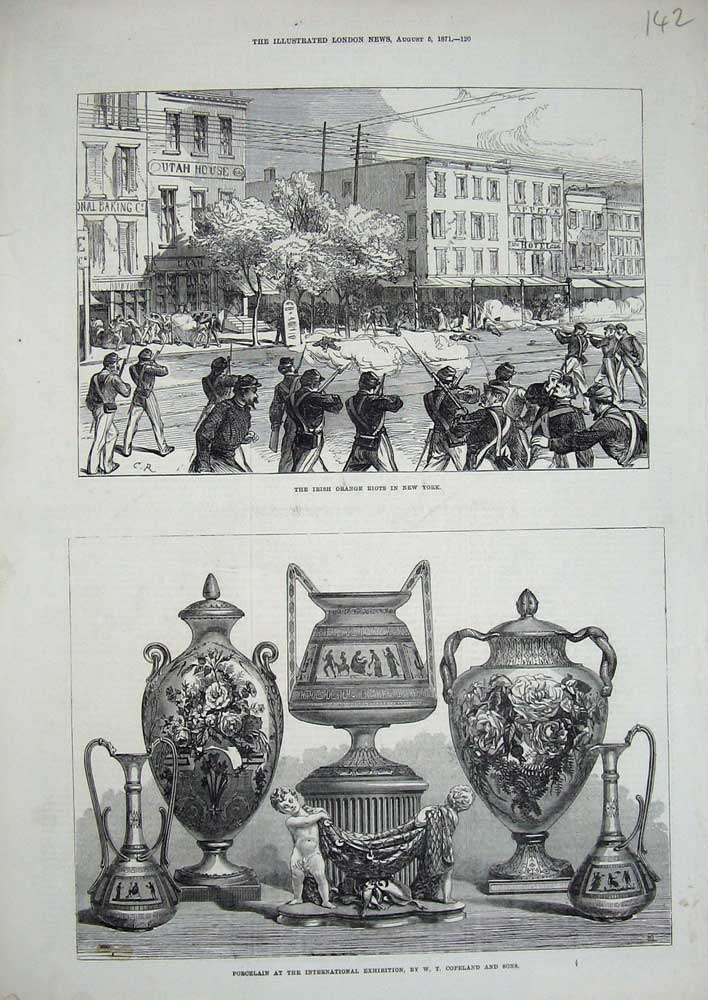 Old Antique Print 1871 Irish Orange Riots New York Porcelain Exhibition 19th