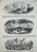 Original Old Antique Print 1845 New York Fire Bowling Green Marketfield America