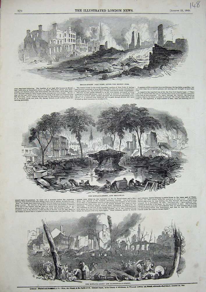 Original Old Antique Print 1845 New York Fire Bowling Green Marketfield America