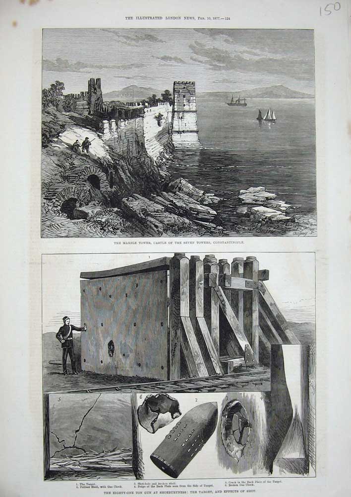 Antique Old Print *0262 1877 Marble Tower Castle Constantinople Shoeburyness