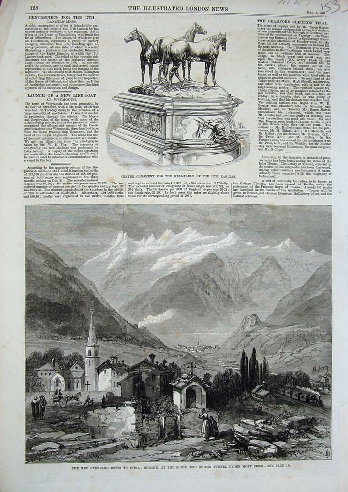Original Old Antique Print 1869 Modane Mount Cenis Centre Ornament Lancers War