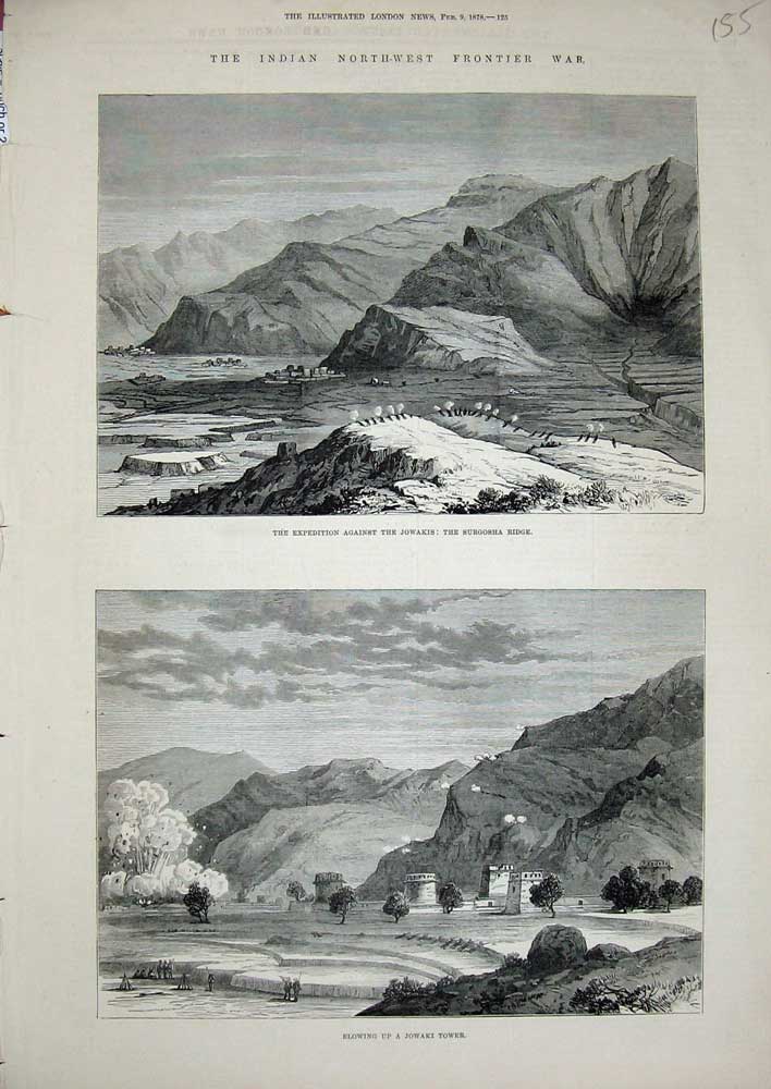 Original Old Antique Print 1878 War Jowakis Surgosha Ridge Jowaki Tower Indian