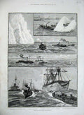 Old Antique Print 1886 Naval Manoeuvres Portsmouth Ships Submarine Mines 19th