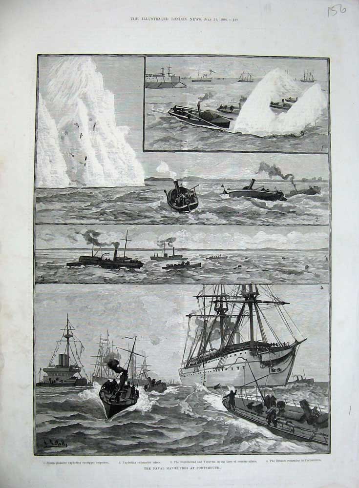 Old Antique Print 1886 Naval Manoeuvres Portsmouth Ships Submarine Mines 19th