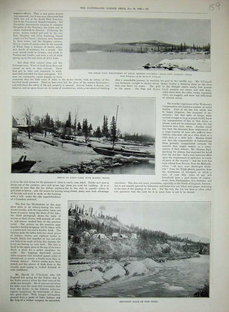 Original Old Antique Print 1899 Pine Creek GDiscoveries Atlin Lake Miners Boat