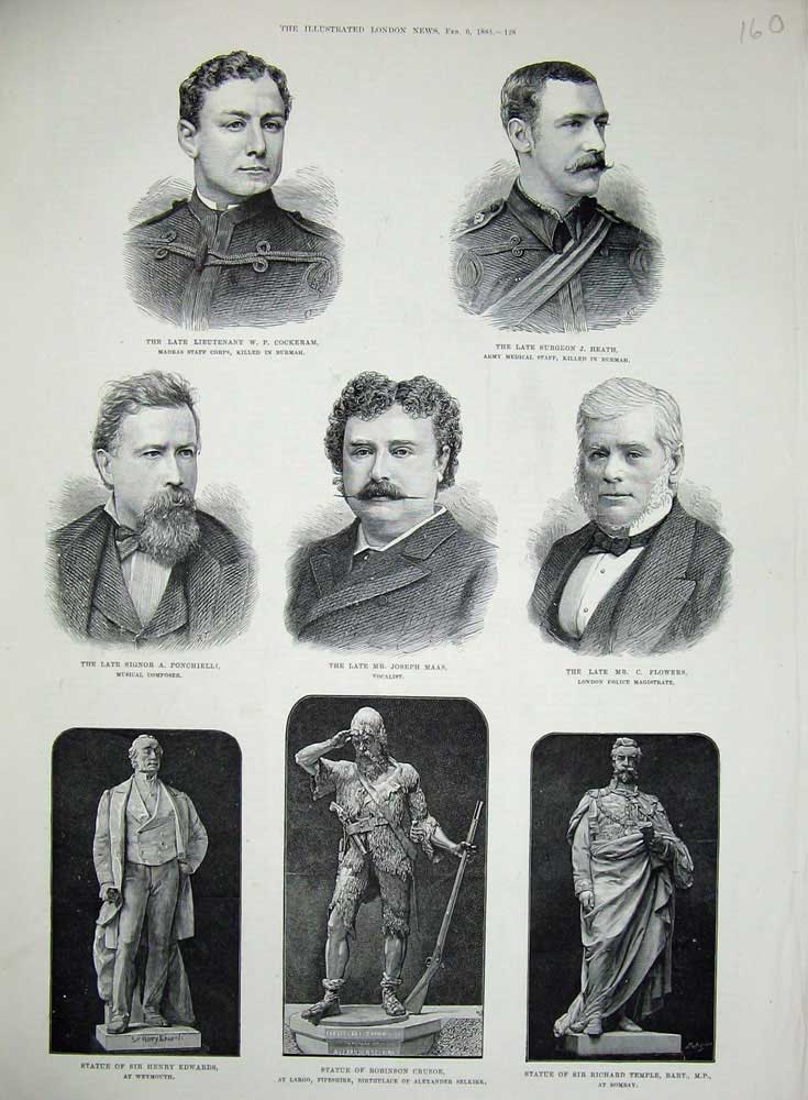 Old Antique Print 1883 Statue Richard Temple Robinson Crusoe Heath Maas 19th