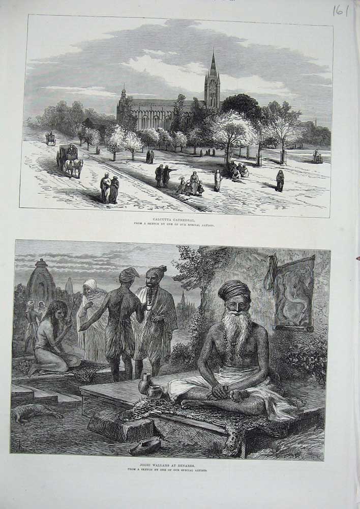 Original Old Antique Print 1876 Calcutta Cathedral Joghi Wallahs Benares Church